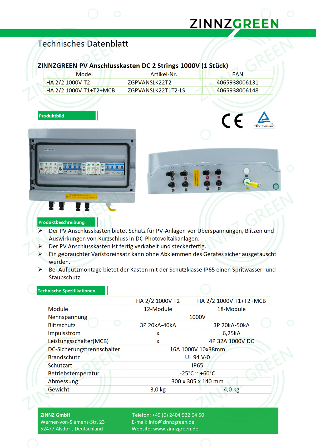 Pv 2 String PV Anschlusskasten 2 Strings DC 1000V – ZINNZGREEN Shop